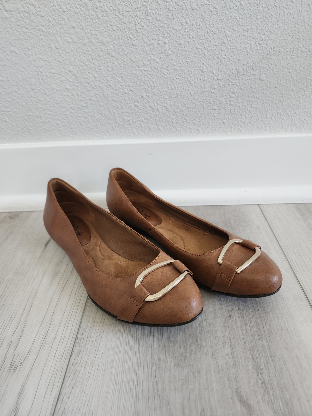 Women’s Tan Faux-Leather Ballet Flats with Gold Buckle Detail